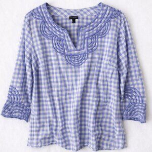 Talbots Cotton Popover Top Gingham Purple Embroidered 3/4 Sleeve Size L